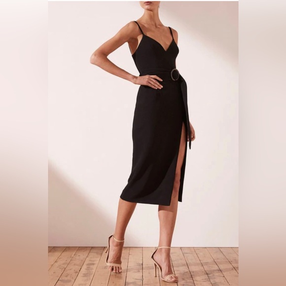 Shona Joy Andrea Fitted Cocktail Dress Black Belt Waist Midi Slit Size S 8 - Picture 2 of 11